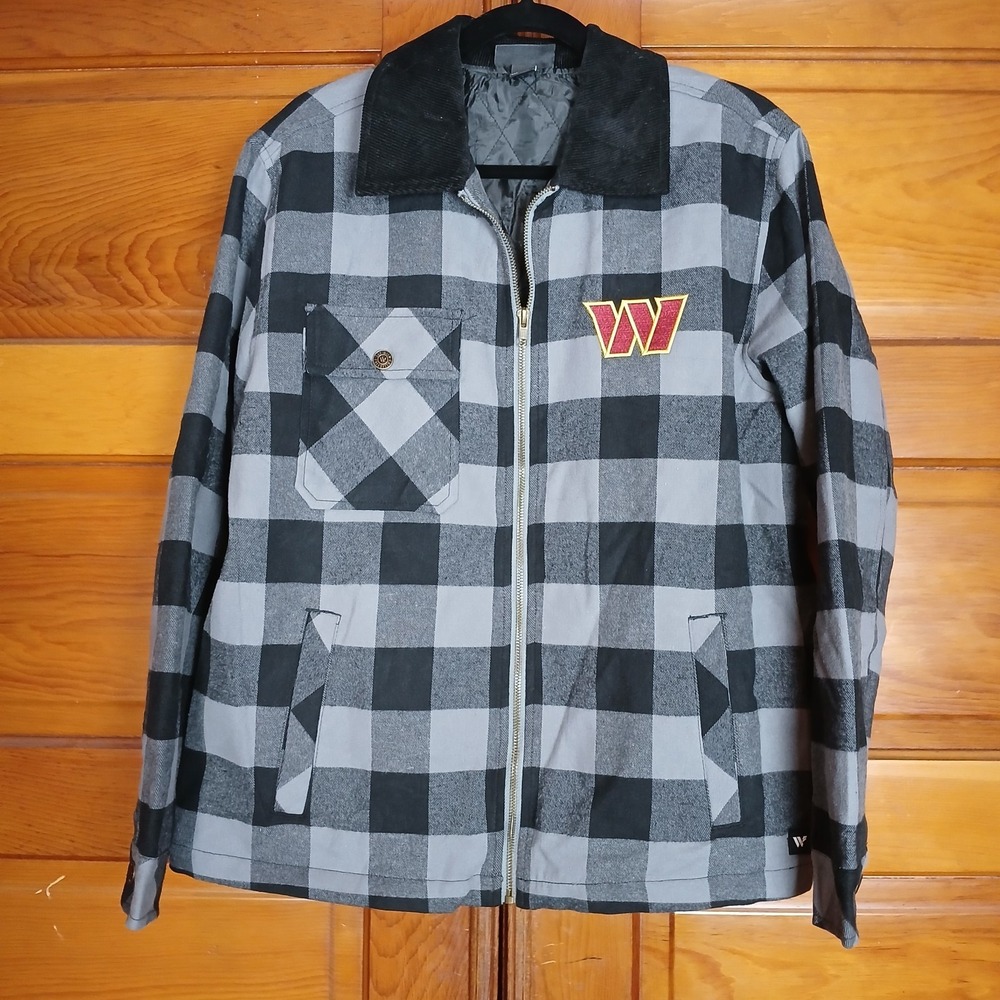 NWOT‎ Washington Commanders NFL Jacket Men's Med Grey Plaid Full Zip Embroidered